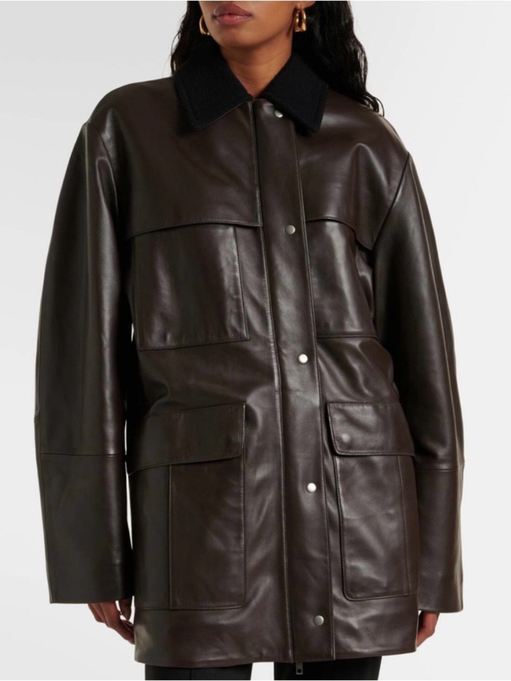 Vince Leather Utility Jacket Wool Trim Barn Coat Ganache Brown Oversized M